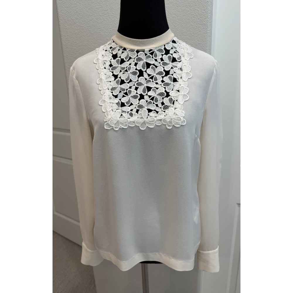 ALC 100% Silk Blouse w/lace Panel Applique neck Ivory Long Sleeve Dry Cleaned 0